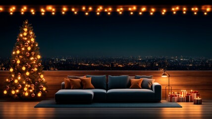 Modern luxury minimalistic living room with Christmas tree, festive decor, and warm lighting against windows showing city background 