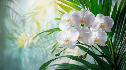 Orchid with large leaves, beautiful background, studio photograph