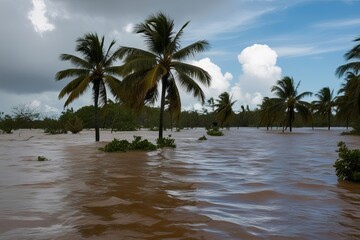 Obraz premium Devastated Tropical Island Post Hurricane Impact of Extreme Weather and Climate Change