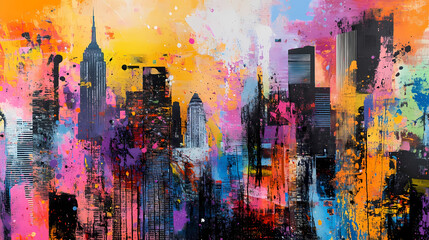 Abstract cityscape painting with vibrant paint splatters blending urban elements and artistic expression mixed media artwork. Mixed Media. Illustration