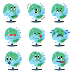 Emoji set. Cartoon globe mood: love, happy, funny, sweet, crying, surprise, confused, dizzy, think, smile, grumpy. Vector illustration for stickers and school supplies.