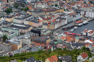 View of the Inner Harbor and Fish Market, Vågen Bay in Bergen Norway from Atop Mount Fløyen at the Fløibanen Funicular Station