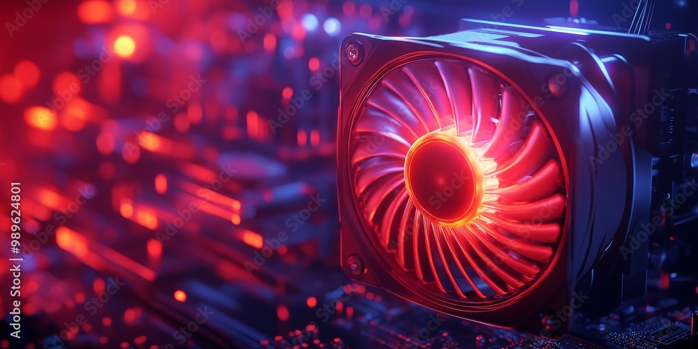 Poster sleek computer fan with vibrant led illumination, softly blurred tech visuals in the background, emp