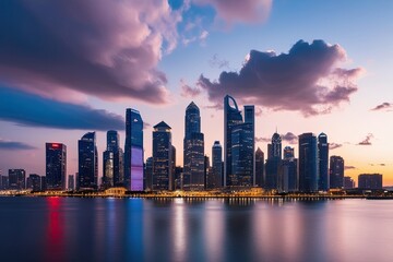 Fototapeta premium Vibrant Twilight Cityscape Modern Skyline Abstract Clouds Evening Aesthetic