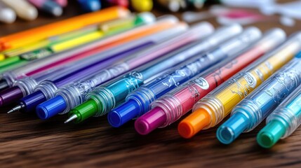 Obraz premium A collection of colorful gel pens arranged in a creative pattern on a wooden desk, with sketches and doodles in the background, showcasing artistic inspiration.