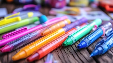 A collection of colorful gel pens arranged in a creative pattern on a wooden desk, with sketches and doodles in the background, showcasing artistic inspiration.