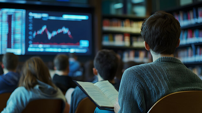 A group of college students gathered in a library around a screen watching a live broadcast of a stock market analysis taking notes.