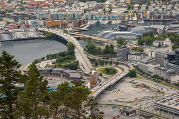 Fototapeta premium View of the City, Freeway and Lake in Bergen Norway from Atop Mount Fløyen at the Fløibanen Funicular Station