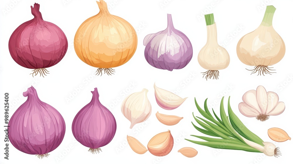 Poster aromatic vegetables set in flat vector style on transparent background for mockup template