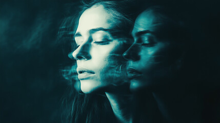 Fototapeta premium Surreal Portrait of Woman with Double Exposure Effect in Blue Tones