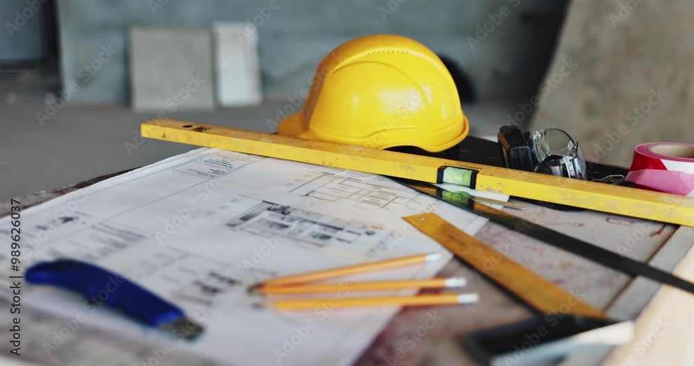Aufkleber architecture, equipment and blueprint with ruler or hard hat for floor plan, renovation sketch and b