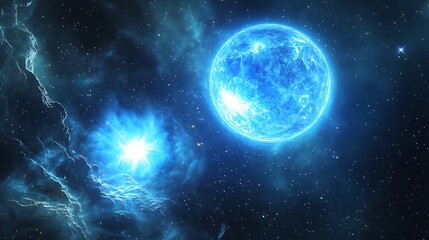 Obraz premium White dwarf star in a binary star system with a blue giant showing the Chandrasekhar limit and stellar nucleosynthesis cosmic voids around