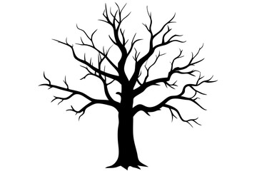 Old dry, bare tree. Black silhouette. Sketch hand drawn. Isolated on white background. Vector illustration
