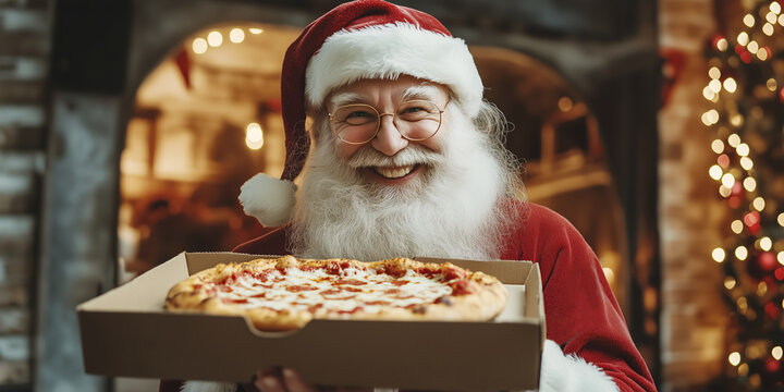 Santa Claus joyfully delivers a pizza on Christmas Eve in a festive setting. A cheerful Santa Claus holds a pizza box, bringing holiday cheer and joy.