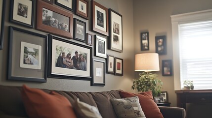 A cozy family gallery wall featuring mismatched frames of various sizes and colors, filled with cherished memories and moments from life.