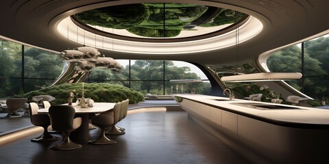 Futuristic kitchen a builtin digital assistant that automates cooking sleek surfaces and interactive smart displays on the walls