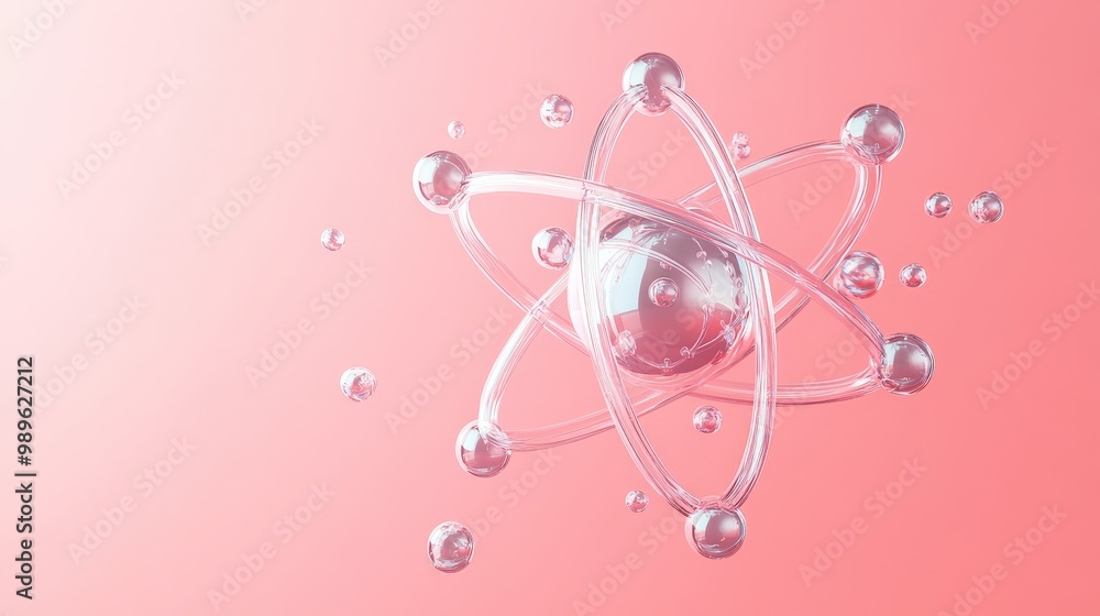 Poster abstract 3d atom model with orbiting electrons on pastel background, atomic and quantum concept.
