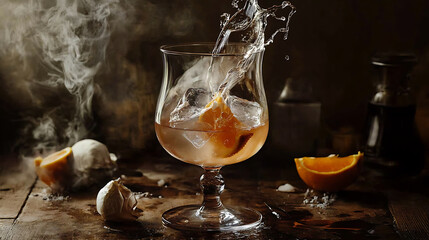 Orange and Ice Splash: A dramatic close-up of an orange slice falling into a glass of ice water, creating a mesmerizing splash and a plume of mist, with two orange halves and garlic cloves arranged on