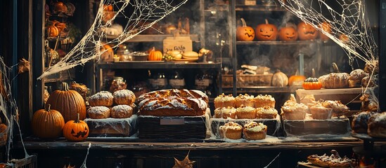 Halloween rustic bakery with window display of pumpkin pastries under cobwebs.