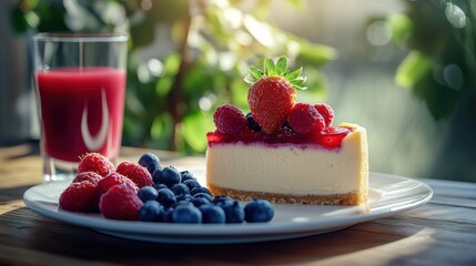 A slice of cheesecake topped with raspberries and a strawberry, served with blueberries and a glass of juice