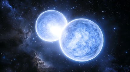 Fototapeta premium White dwarf star in a binary star system with a blue giant showing the Chandrasekhar limit and stellar nucleosynthesis cosmic voids around