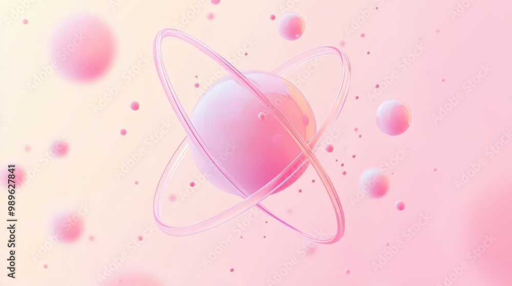 Poster atomic structure revealed: vector illustration of atom with electrons in orbit on soft pastel backgr
