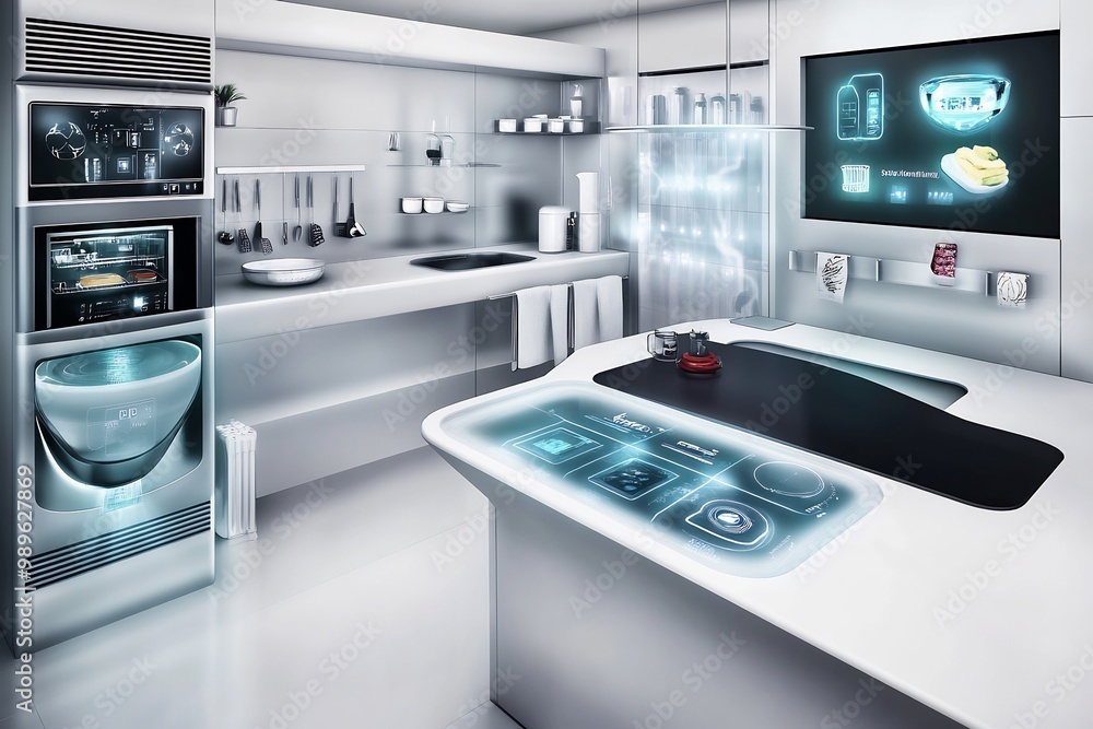 Poster futuristic kitchen smart appliances a digital display built into the countertop and minimalist desig