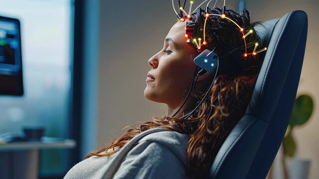 Female patient is comfortably seated, experiencing transcranial magnetic stimulation therapy, a non invasive procedure using magnetic fields to stimulate nerve cells in the brain