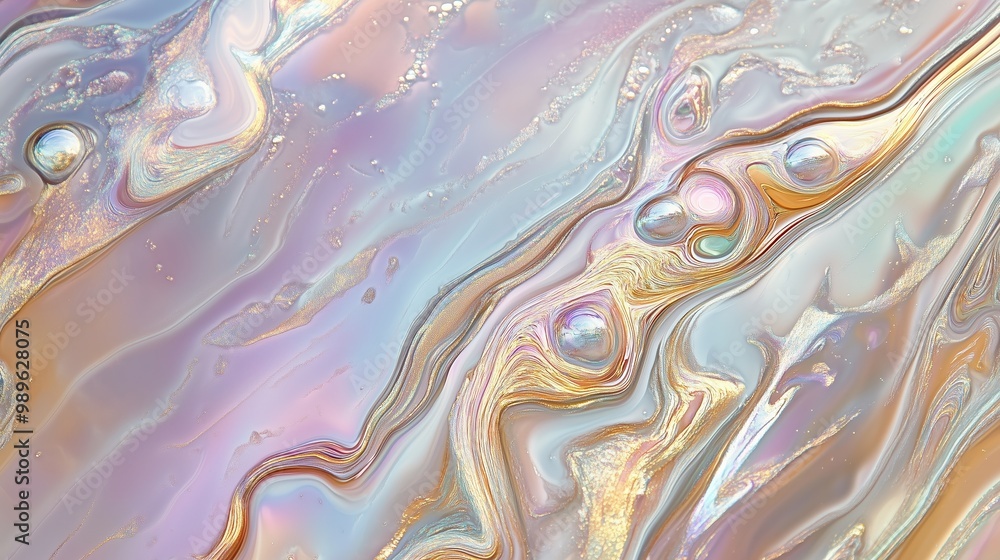 Poster swirling iridescent patterns with soft pastel tones gleam under light, creating a mesmerizing textur