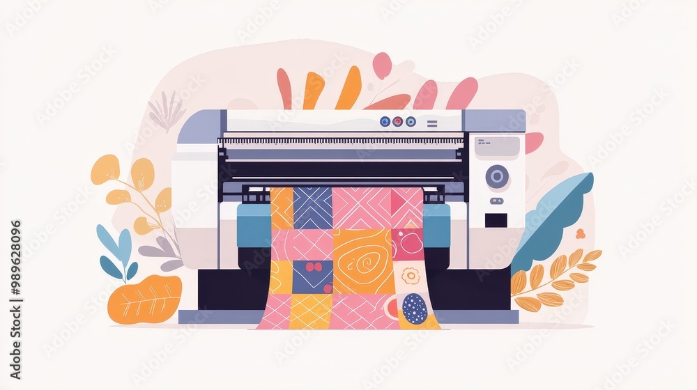 Poster modern textile printing: printer applying colorful patterns to fabric in vector illustration on soft