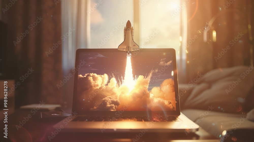 Canvas Prints rocket launching from a laptop on an office table to ascend into the air. business startup new idea 
