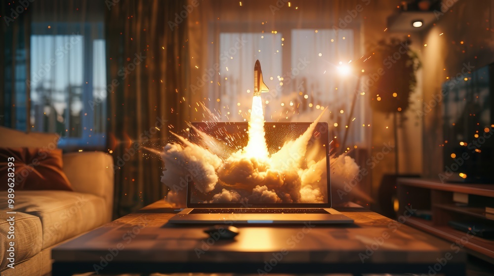 Canvas Prints rocket launching from a laptop on an office table to ascend into the air. business startup new idea 