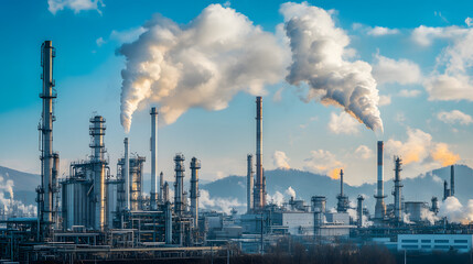 Obraz premium A large industrial oil refinery emitting flares and gases into the atmosphere.