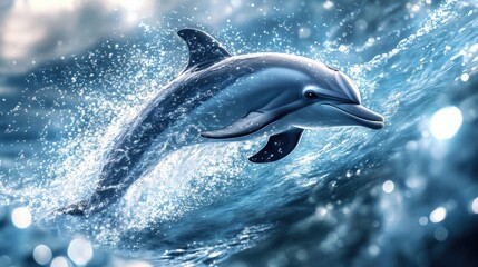 Obraz premium A dolphin diving gracefully beneath the waves, with a shimmering trail of bubbles following behind, emphasizing the elegance of its movements.
