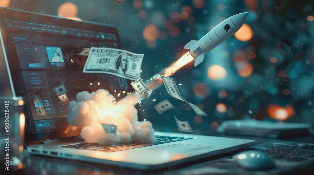 Canvas Prints rocket launching from a laptop on an office table to ascend into the air. business startup new idea 