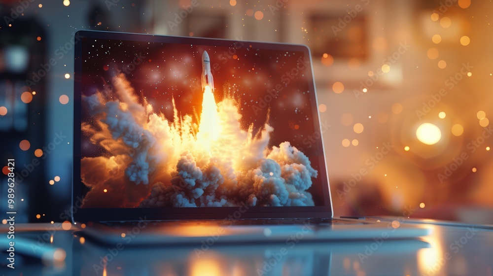 Canvas Prints rocket launching from a laptop on an office table to ascend into the air. business startup new idea 
