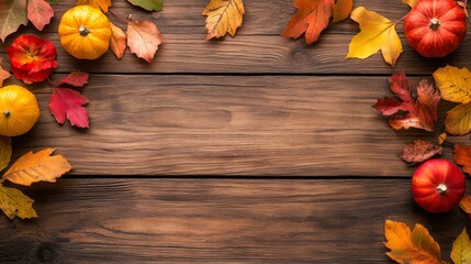 Obraz premium Vibrant berries and fruits and colorful autumn leaves arranged on a rustic wooden table, evoking the harvest season.