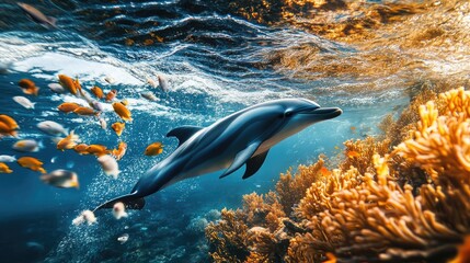 A dolphin gliding effortlessly through the water, with schools of colorful fish swimming nearby, highlighting the beauty of underwater ecosystems.