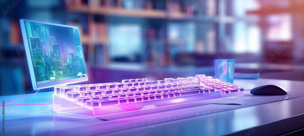 Poster futuristic office desk a holographic keyboard blurred through tiltshift photography creating a dream