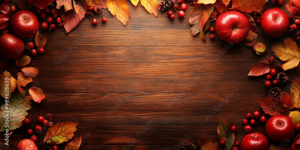 Poster Vibrant berries and fruits and colorful autumn leaves arranged on a rustic wooden table, evoking the harvest season.