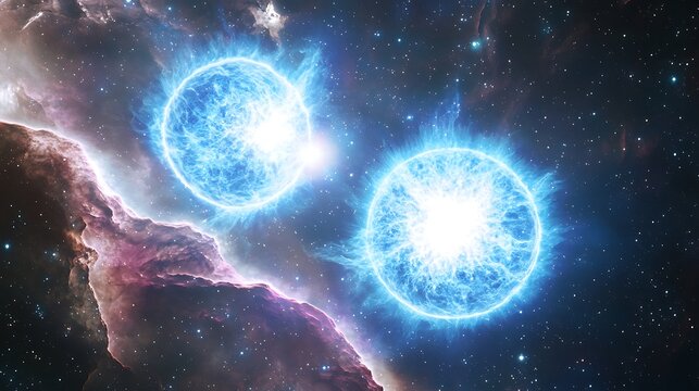 White dwarf star in a binary star system with a blue giant showing the Chandrasekhar limit and stellar nucleosynthesis cosmic voids around