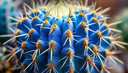 Vibrant blue cactus with sharp spines creates a striking abstract composition showcasing its textured beauty