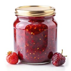 Homemade strawberry jam jar resting on a clean white surface with fresh berries. Generative AI