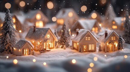Fototapeta premium Peaceful snowy Christmas village with glowing cottage lights