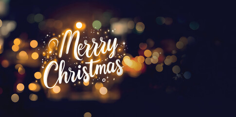 Naklejka premium Illustration with the word Merry Christmas written in cursive in white and with a background of a beautiful landscape with blurred lights