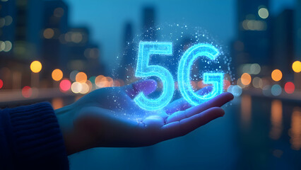 5G technology symbol glowing in hand, futuristic cityscape background, digital connectivity