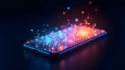 Futuristic smartphone with glowing digital particles, concept of mobile technology and innovation