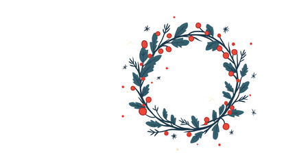 Illustration with a cute drawing of a Christmas wreath on a white background - copy space