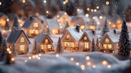 Fototapeta premium Peaceful snowy Christmas village with glowing cottage lights