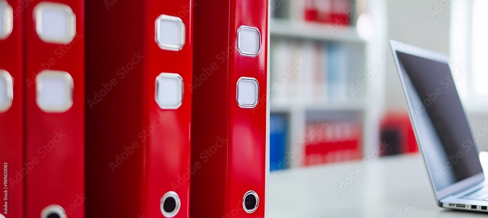 Poster home office setup a blurred background of floating shelves using selective focus to highlight a clea